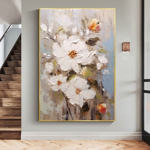 Large framed canvas oil painting with white blossoms and soft beige floral accents