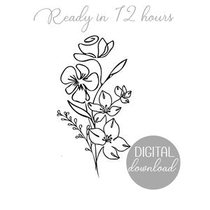 Birth flower bouquet tattoo line art, digital download design