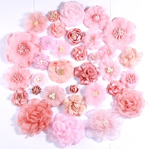 Set of pink chiffon rose fabric head flowers for baby girls hair clips, assorted sizes