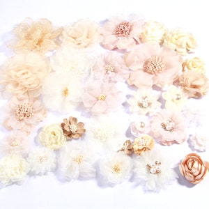 Set of chiffon craft fabric flowers in ivory cream and blush rose tones, for headbands
