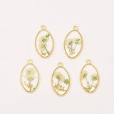 5Pcs Gold Oval Pressed Flower Charm Pendant, White Flower Glass Charm With Tiny Gold Bead for Necklace Earring Jewelry Making Supply(CC-048)