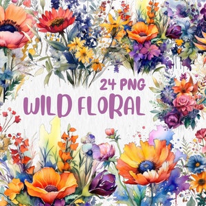 Watercolor wildflower clipart collage with orange and blue flowers, 'WILD FLORAL'