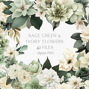 Watercolor floral clipart with sage green leaves and ivory flowers bouquet arrangement