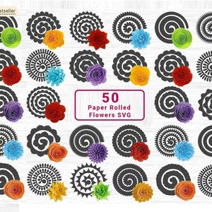Set of rolled paper flower SVG templates, with 3D-style flower designs in multiple colors