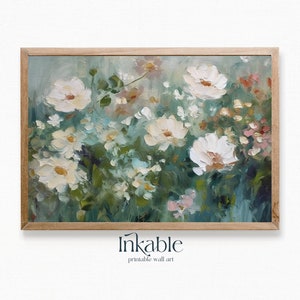 Floral wall art print in a wooden frame, painted-style white and pink blossoms