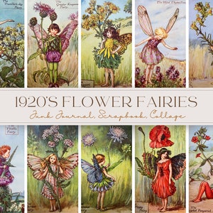 Flower fairies digital download collage sheet with illustrated fairies and flowers, includes 1920s text