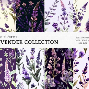 Lavender floral digital paper pack with repeating botanical patterns in purple tones