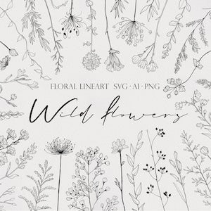 Wildflower line art bundle SVG with minimalist botanical stems and flowers, black outlines