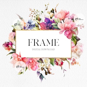 Floral border frame with pink, purple, and pastel flowers around a white center card
