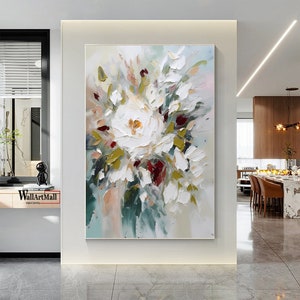 Colorful flower painting canvas wall art with white blooms and pastel accents, framed