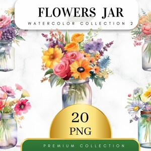 Watercolor flower bouquet in glass jar clipart, set of 20 PNG files