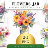 Set of 20, Watercolor Flowers in Jar Clipart, Flowers Png, Flower bouquet Png, Mixed Media, Digital Paper Craft, Wall Decor, Digital PNG