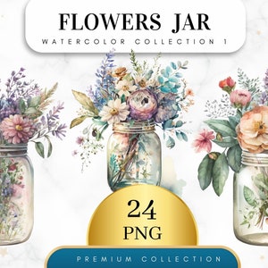 Watercolor flowers in jars clipart set, illustrated bouquets with leaves and blossoms
