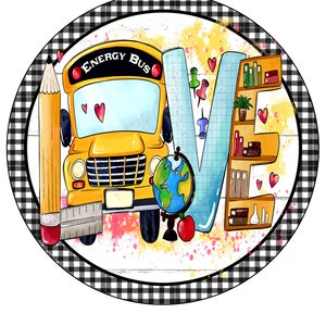 Round wreath wall hanging sign with check border, colorful bus and Earth illustration
