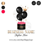 Birthday logo with black balloons, gold crown, and rose-themed gift box