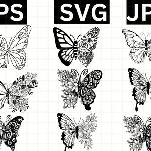 Set of black floral butterfly line art SVG cut files