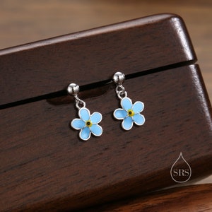 Silver drop stud earrings with blue enamel forget-me-not flowers