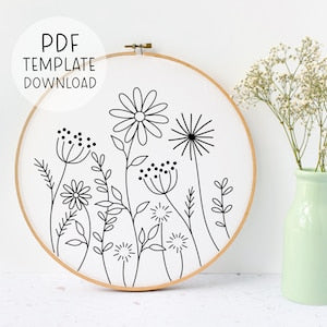 Embroidery hoop with black-and-white wildflower line pattern on a PDF template
