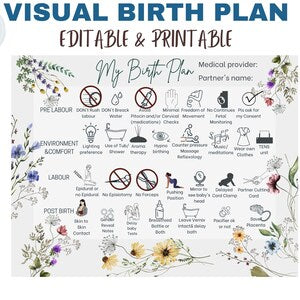 Visual birth plan printable template with floral border and circular icon sections