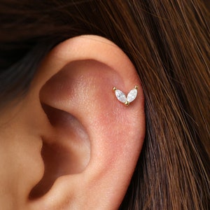 Silver tiny flower cartilage stud earring with clear crystal on helix