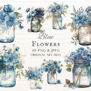 Blue flower mason jar clipart bundle with multiple mason jars and matching blossoms