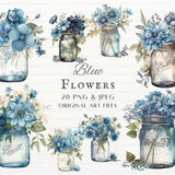 Blue Flowers 20pc PNG & JPEG Bundle | Mason Jar Flowers PNG | Blue Flowers Clipart | Flower Clipart Commercial Use | Blue Flower Jar Clipart