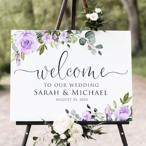 Purple floral wedding welcome sign with Welcome text, Sarah & Michael, August 24, 2024