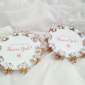 Flower girl proposal box set with pearl floral trim and 'Flower Girl?' wording