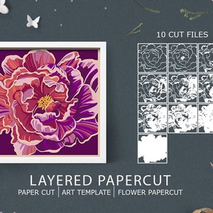 Layered paper cut shadow box with purple and pink abstract flower in frame