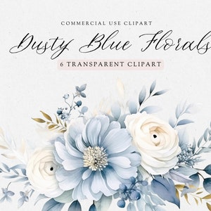 Watercolor floral clipart pack with dusty blue and white roses, flowers, and leaves