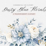 Dusty Blue Floral Clipart Pack, Watercolor Dusty Blue, Clip Art For Commercial Use, Transparent PNGs, Baby Blue Flowers Clipart, Border