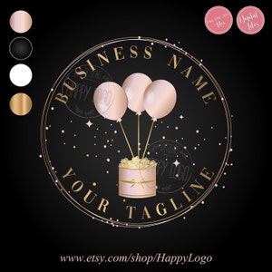 Gold circular party logo with balloons bouquet in a gift box and glittery roses