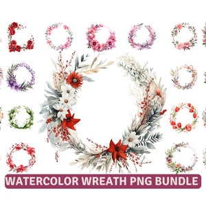 Watercolor floral wreath with red blooms, green leaves, and pine branches in a round frame