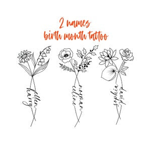 Line art birth month tattoo design with two name text and floral stems