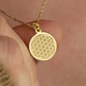 14k solid gold flower of life pendant necklace with round engraved charm on chain