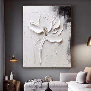 Textured abstract flower canvas wall art with white relief petals and gray highlights