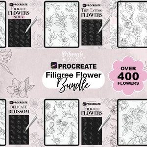 Filigree flower stamp bundle for Procreate with fine-line black-and-white designs