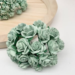 Pale sage green mulberry paper open rose flowers, 3D layered petals cluster