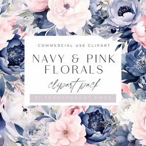 Floral watercolor clipart pack: navy and pink flower bouquets, transparent PNGs
