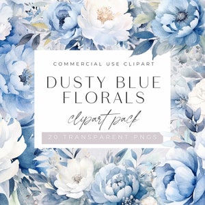 Dusty blue watercolor floral clipart set with transparent PNG bouquets and leaves