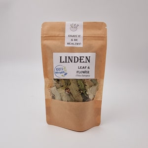 Dried linden leaf and flower tea in kraft stand-up pouch, natural botanical blend