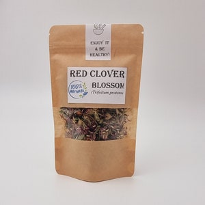 Whole red clover blossom tea pouch with whole dried blossoms, kraft paper.