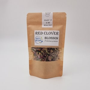 Kraft pouch of dried red clover blossoms for tea, with front label and resealable opening