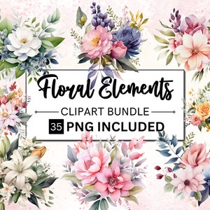 Watercolor floral clipart bundle with mixed flowers and foliage, wedding-ready elements