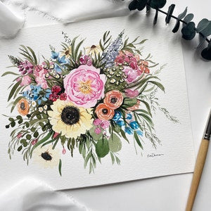 Watercolor floral bouquet painting with pink rose and multicolor flowers on white paper