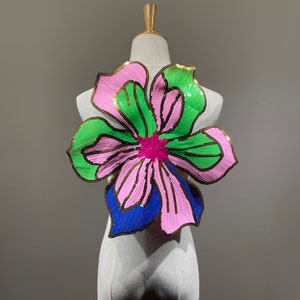 Extra large sequined flower sew-on patch with pink, purple, blue and green petals