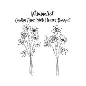 Minimalist birth flower bouquet line art print with two slender flower stems, black ink