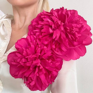 Oversized hot pink peony-style flower brooch, double bloom corsage pin with ruffled petals