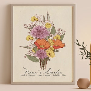 Framed birth flower bouquet print with mixed blooms and leafy stems, minimal garden text