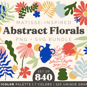 Abstract floral clipart bundle with multicolor Midcentury plant illustrations, set of 840
